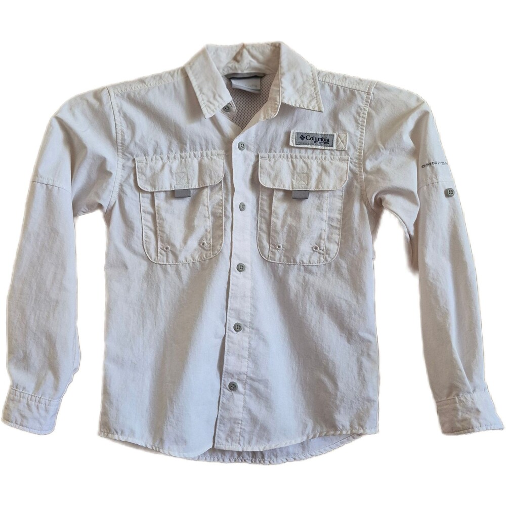 Columbia PFG Boy's Shirt Size Small 8 White Fishing Button Up Roll Tab Sleeve